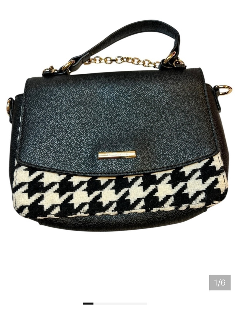 Anne Klein Top Handle Satchel W/Swag Chain, Black-White Houndstooth w/Black